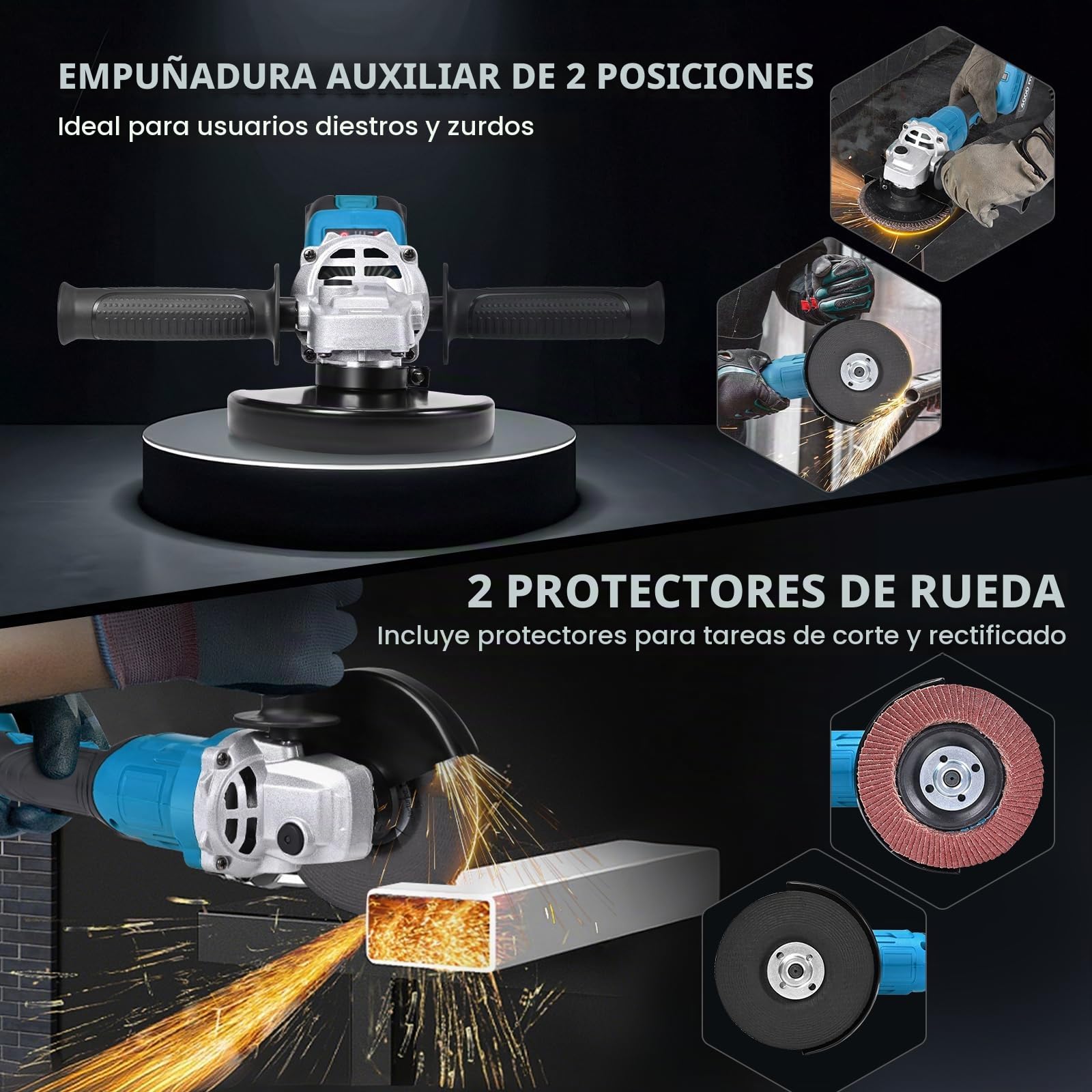 Amoladora Angular a Batería, 900W Amoladora Angular sin Escobillas, incl. 2x Batería 4.0Ah & Cargador Rápido, vel. regulable, Amoladora inalámbrica para Cortar, Pulir y Amolar