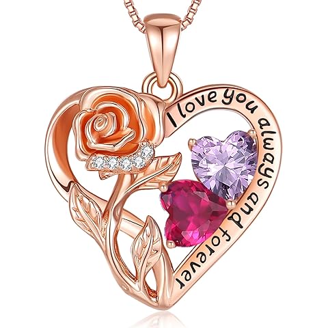 925 Sterling Silver Double Birthstone Rose Flower Heart Jewelry Necklaces for Women Anniversary Love Forever Necklaces for Her Birthday Gifts for Wife Girlfriend Mom Mothers Day Rose Gold
