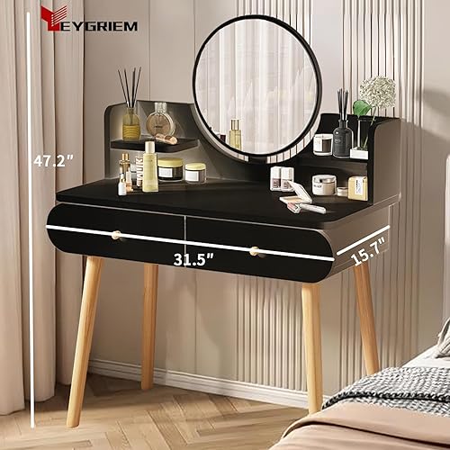 Miniatura 3 de Juego de mesa de tocador de maquillaje con espejo, tablero de fibra de densidad media, moderno escritorio de maquillaje con 2 cajones y 2 estantes,