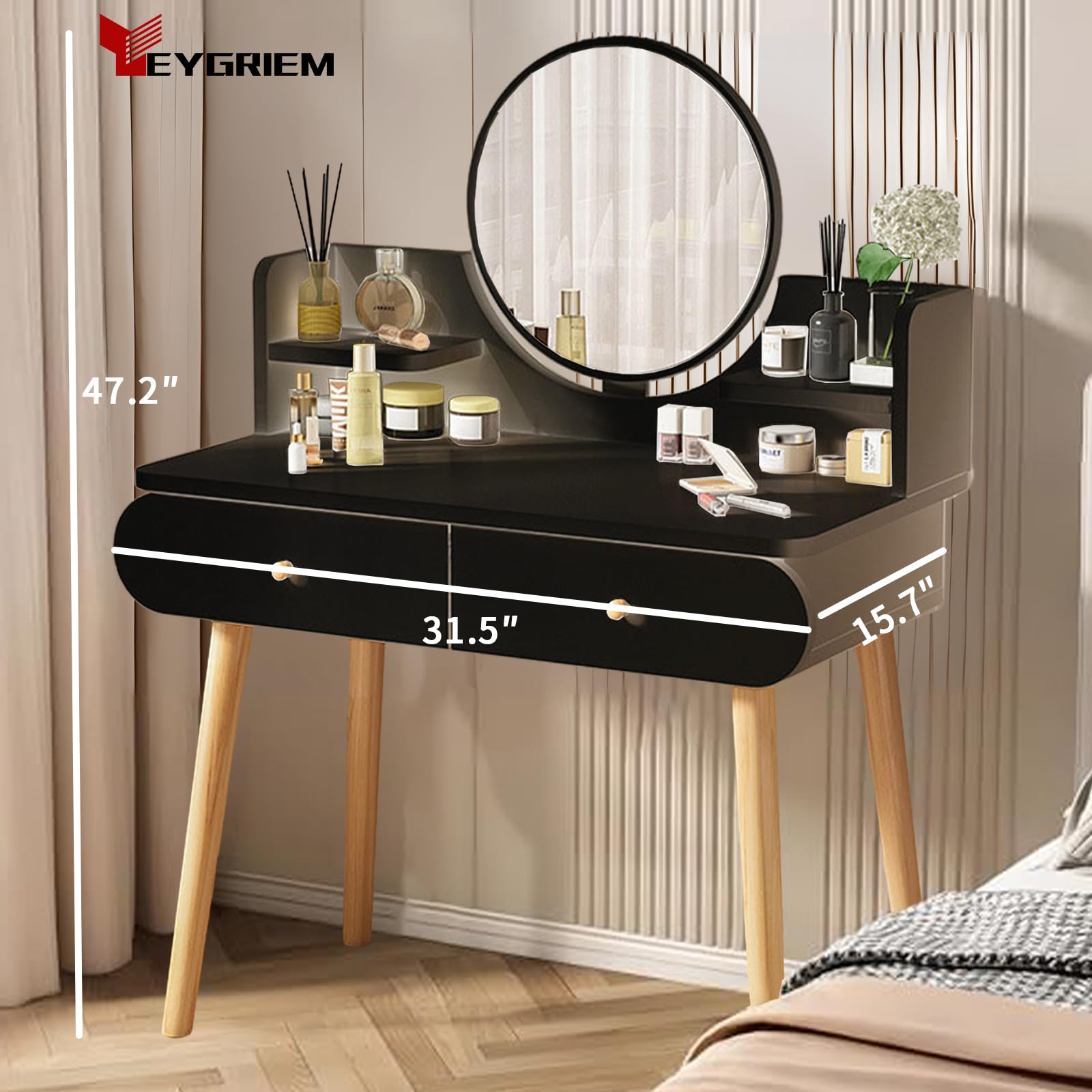 Juego de mesa de tocador de maquillaje con espejo, tablero de fibra de densidad media, moderno escritorio de maquillaje con 2 cajones y 2 estantes, 31.5 pulgadas de largo x 15.7 pulgadas de 3