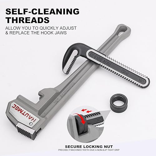Miniatura 3 de HAUTMEC Llave de tubo recta de aluminio de 18 pulgadas, llave de fontanería ajustable resistente, capacidad de mandíbula de 2-12", para tuberías,