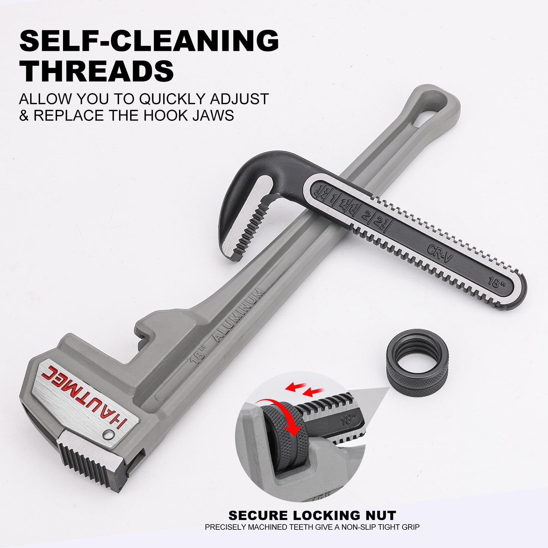 HAUTMEC Llave de tubo recto de aluminio de 18 pulgadas, llave de fontanería ajustable resistente, capacidad de mandíbula de 2-1/2 pulgadas, para tuberías, camisetas, válvulas de bola y otros objetos