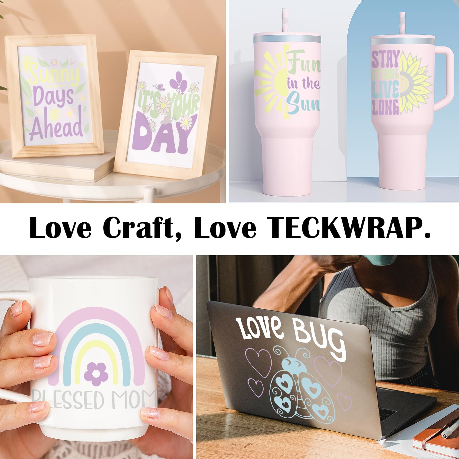 TECKWRAP 001 Vinilo permanente pastel mate, 12 pulgadas x 3 pies, 10 calcomanías de vinilo bohemio para interiores y exteriores para Cricut, Silhouette, cortadores de camafeo, letreros, álbumes de