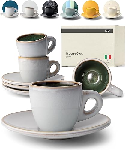 KIVY Stoneware Espresso Cups, 4-Piece Set - Italian Design, Thick-Walled,