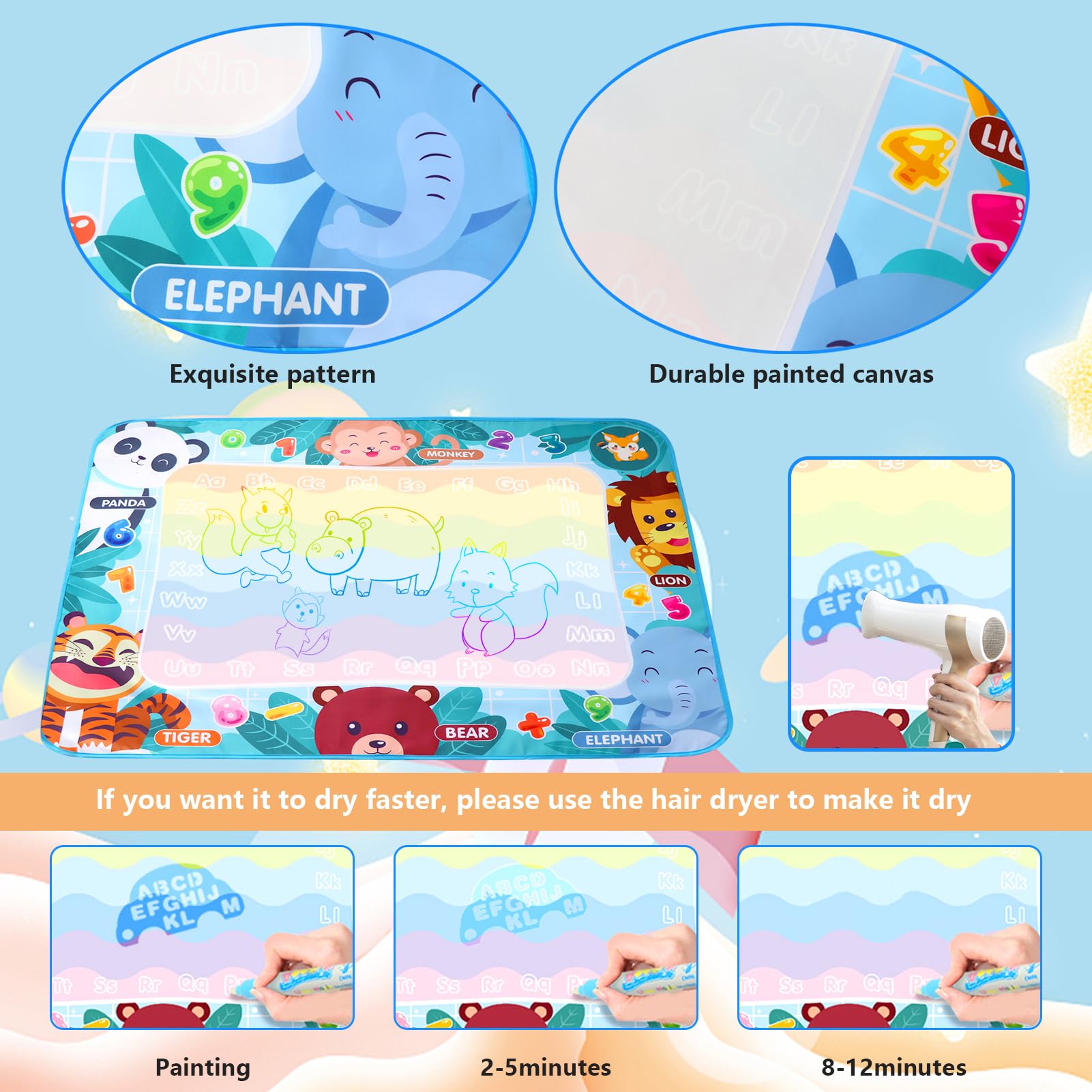 LEcylankEr Tapis Dessin Eau Enfant 120 x 90 CM Aqua Doodle Matte Aqua Tapis de Dessin Adapté Jeux pour Enfants 1 2 3 4 5 6 7 Ans (Animal)