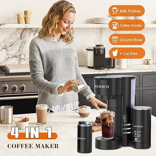 Miniatura 2 de NEWSETS Cafetera de una sola porción para tazas K y café molido, cafetera 4 en 1 con molinillo y espumador de leche, tamaños de preparación de 6 a