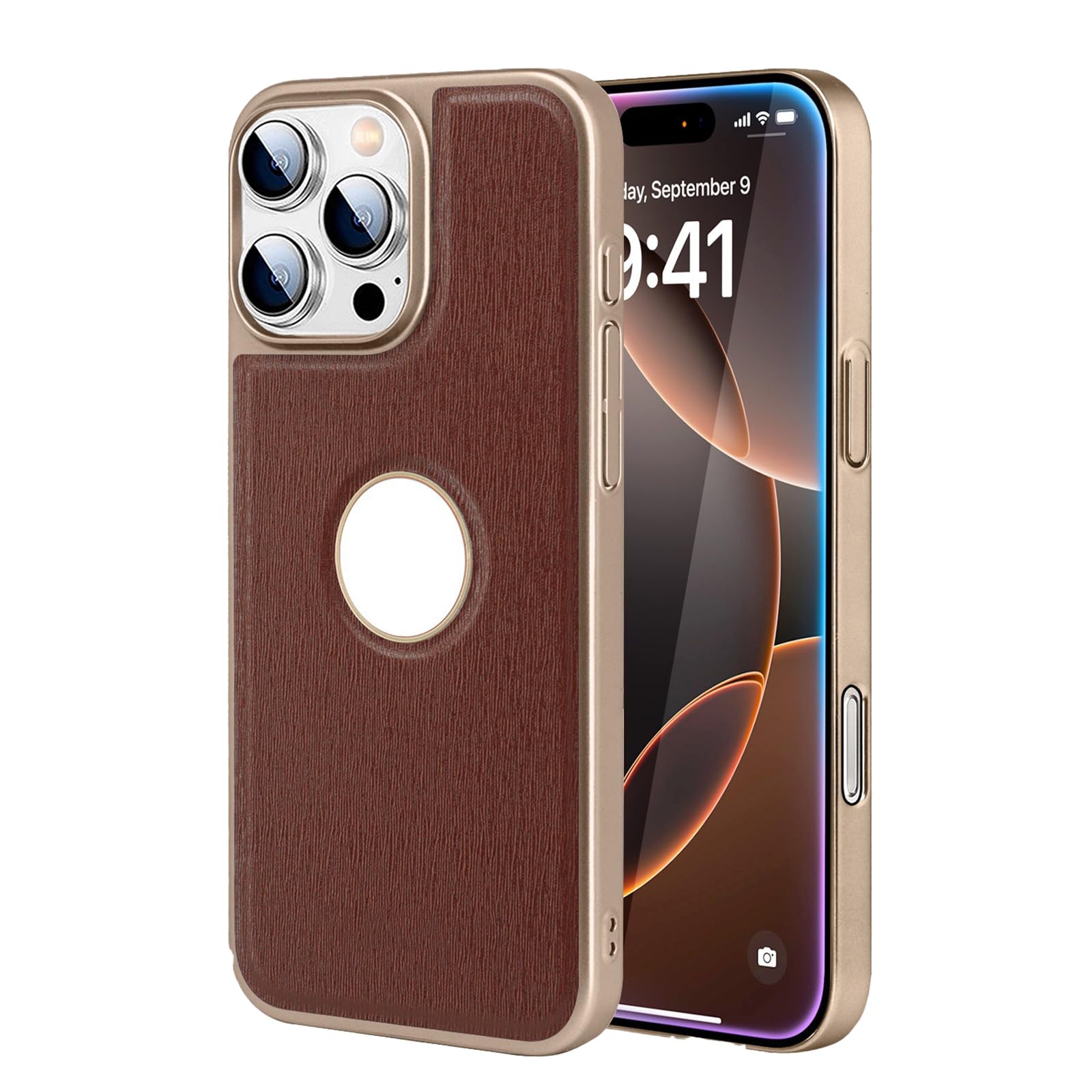 Smukłe etui na iPhone'a 16 Pro Max/16 Pro/16 Plus/16, Wzór kory skórzany biznesowy ocynkowane etui z logo View etui ochronne, brązowy, 16 Plus