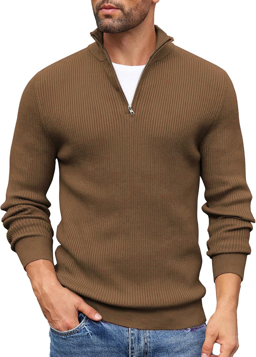 Men High Neck Zipper Full Sleeve Cotton Knitted Winter Sweater for Man