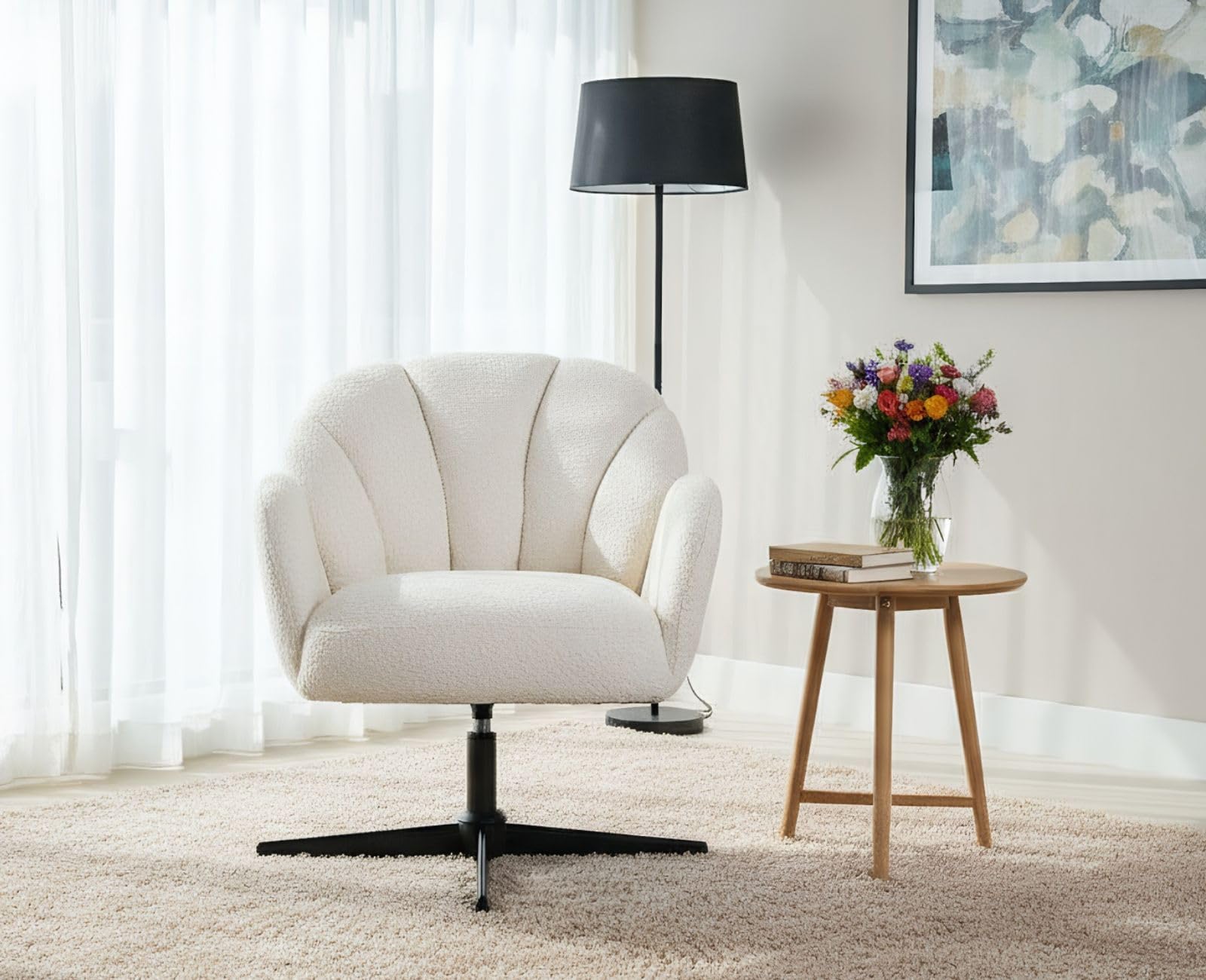 chairus Sillón Butaca de Salón de Lana Sintética Sillón Lectura Habitación Giratoria con Reposabrazos, Silla Individual de Ocio con Base de Metal para Hogar/Dormitorio, Blanco