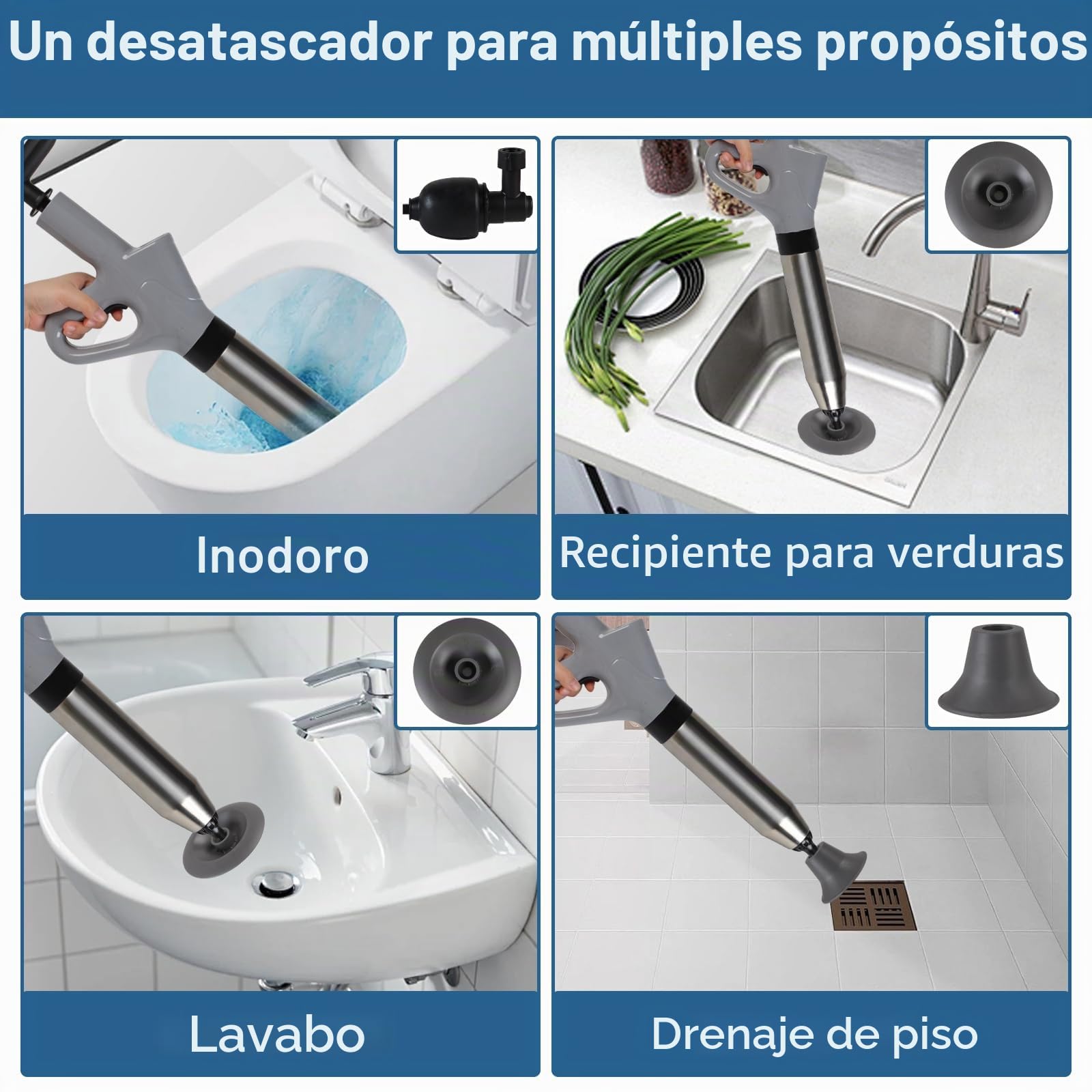 Limpiador de tuberías de aire comprimido, bomba desatascadora con compresión de aire e indicador de presión de aire, limpiador de tuberías de aire comprimido con 4 cabezales intercambiables para
