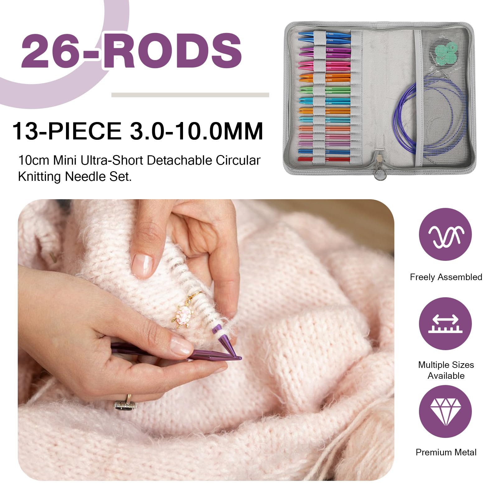 Juego de agujas circulares intercambiables con 13 pares de agujas de tejer de aluminio (10 cm) de grosor 3-8 mm, incluye cables, accesorios, bolsa (macaron)