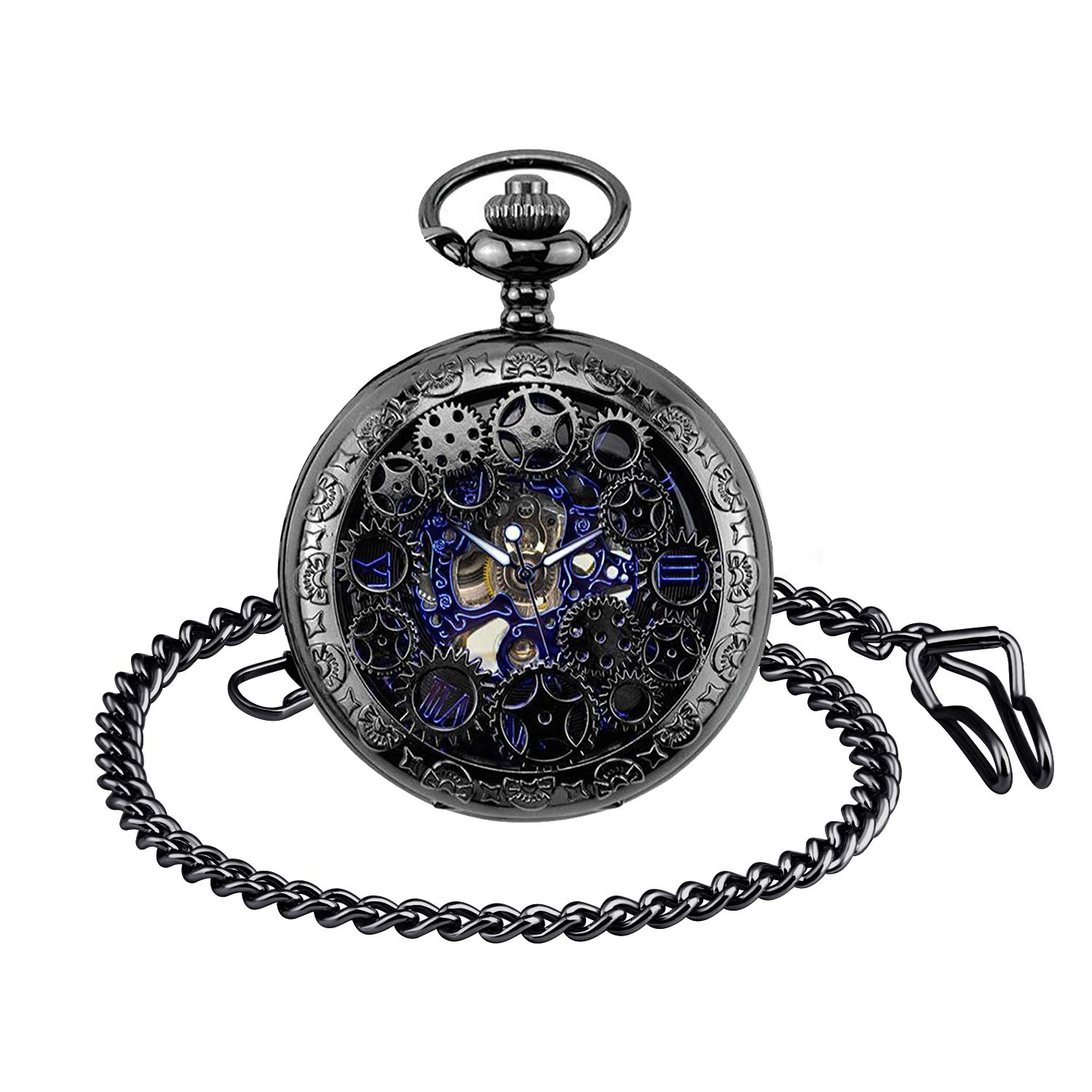unendlich u Men's Roman Numerals Scale Pocket Watch with Necklace Chain Analogue Hand Winding Unisex Retro Steampunk Mechanical Chain Watch-picture-14