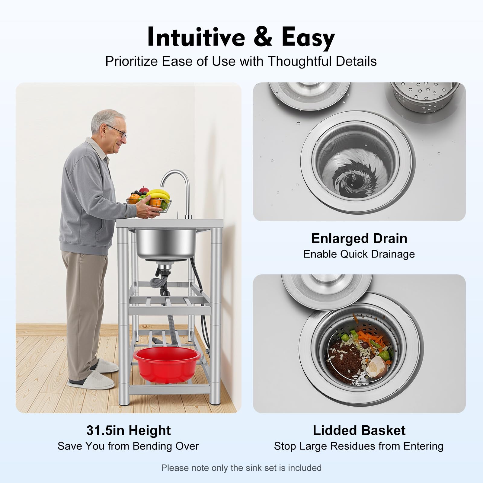 Lavello da cucina in acciaio inox 2 vasche 3 livelli, freestanding lavandino in acciaio inox, doppio lavello da cucina con rubinetto caldo e freddo, Lavabo commerciale indipendente, 120 x 45