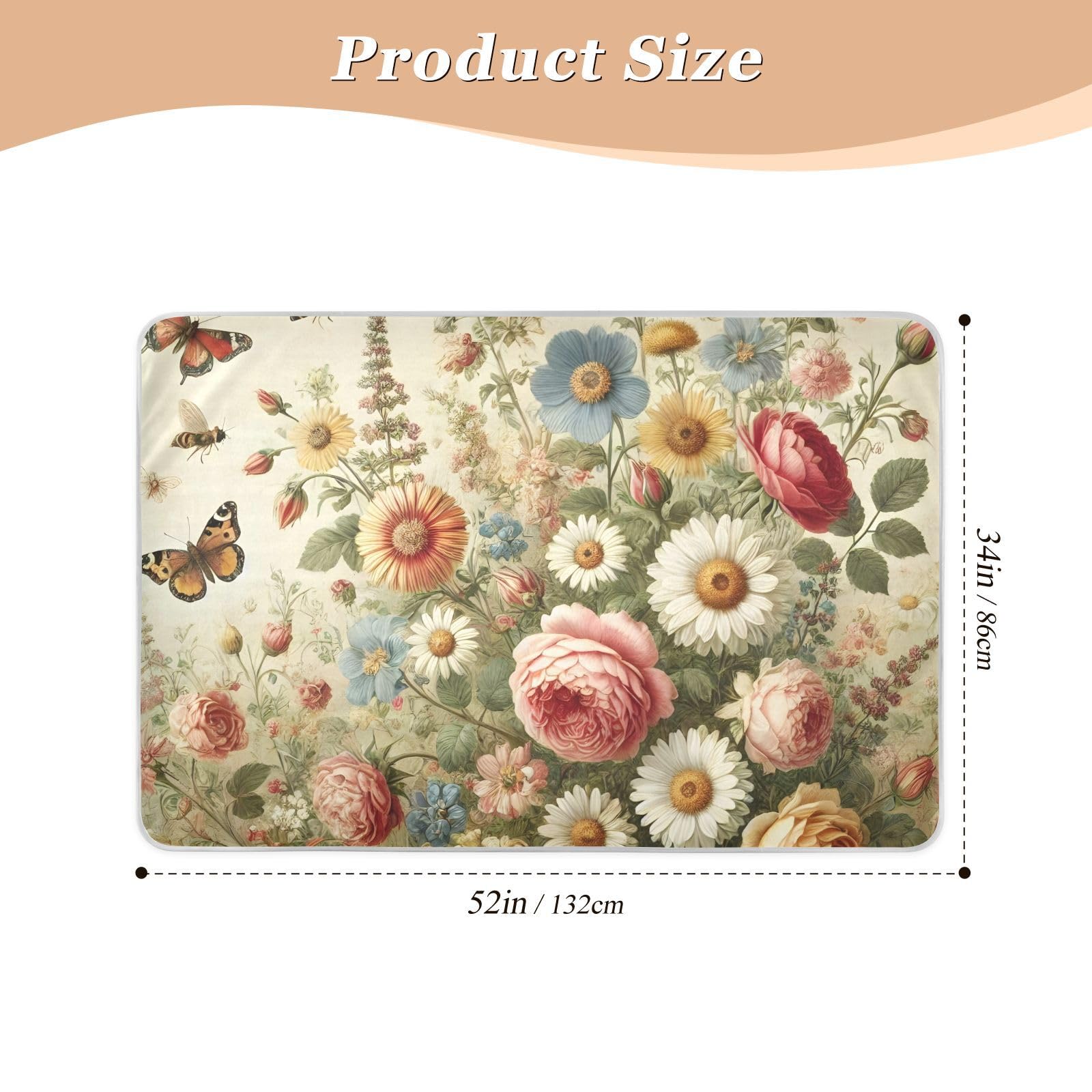 Floral Garden Beige Mattress Pad Waterproof, Washable Underpads for Bed, Pad for Bed Wetting for Adults