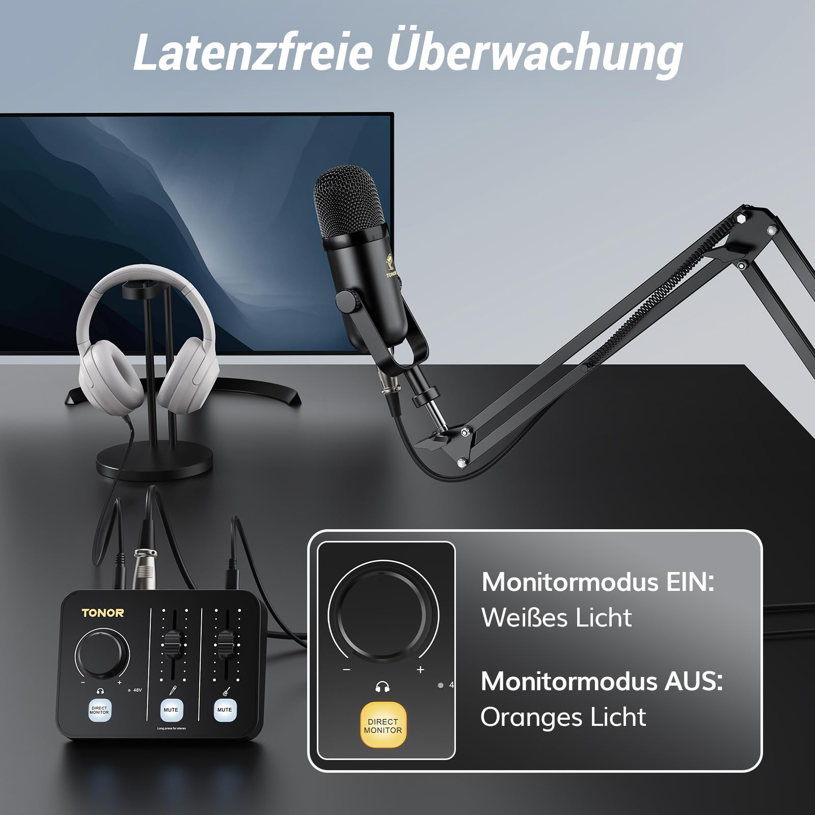 TONOR Podcast Mikrofon Set mit Audio Interface & Mikrofonarm, XLR Mikrofon, Kondensatormikrofone, Audio Mixer, Lautstärkeregler, 3D Stereoklang, für Recording, Podcasting, Streaming, POD-1