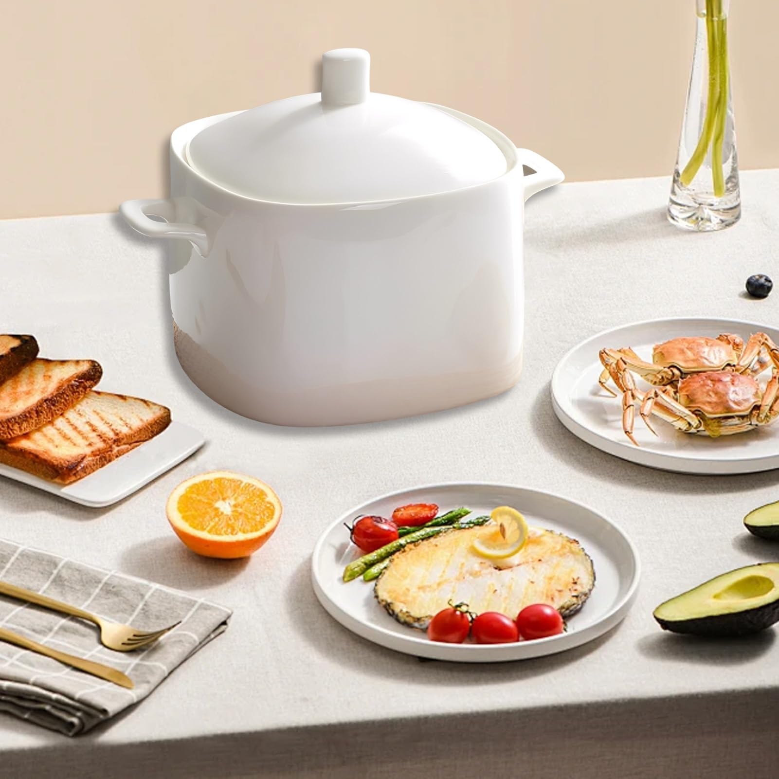 Elegancka ceramiczna miska do zupy z chochlą, okrągła miska do serwowania z podwójnym uchwytem, wszechstronne naczynie do zapiekania na płatki, gulasze, chili, zupę miso - dekoracyjna zastawa stołowa