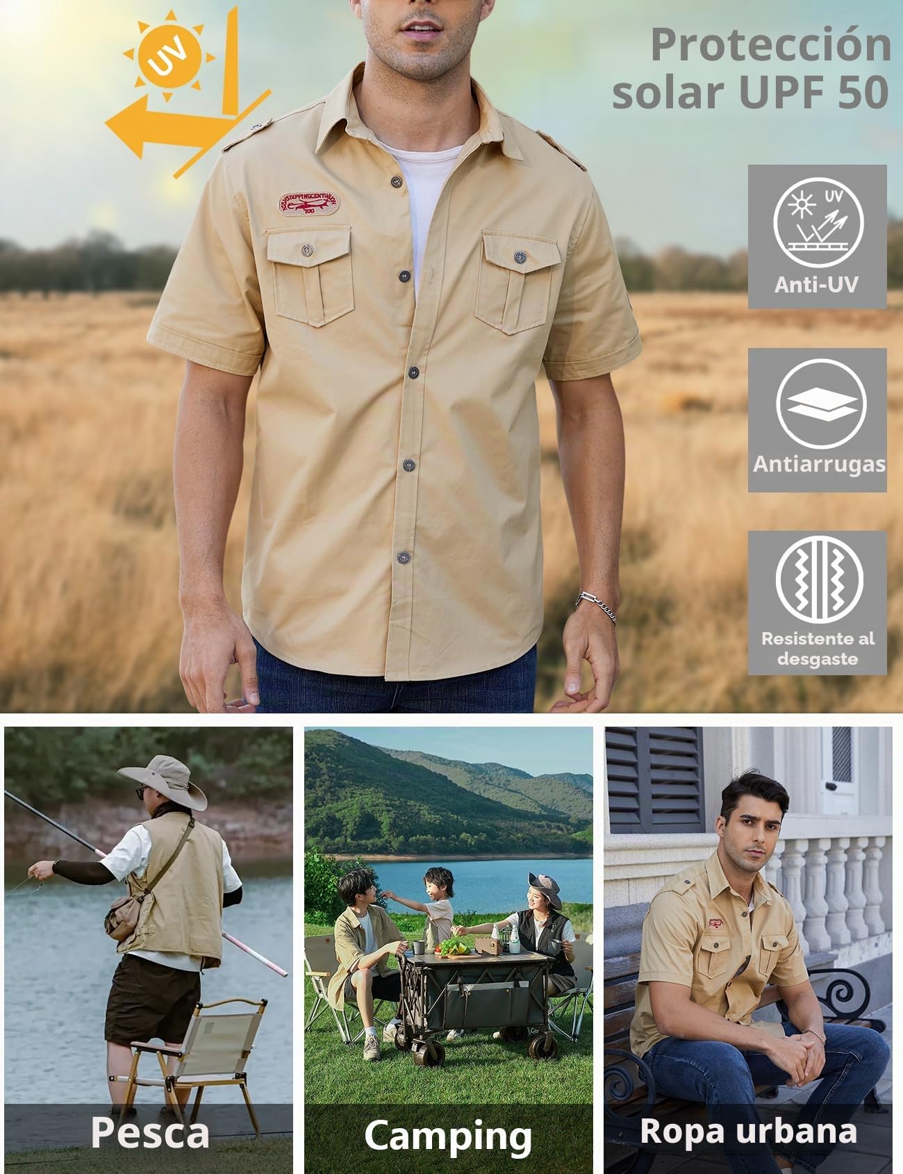 Gihuo - Camisa táctica militar de manga corta para hombre, para trabajo, aire libre, senderismo, camping, caza, pesca