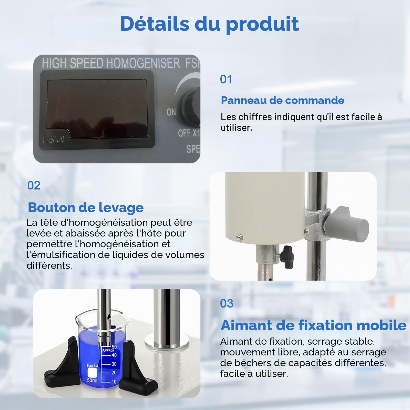 Homogénéisateur réglable à grande vitesse, émulsifiant de dispersion de laboratoire, 8000 à 22000 tr/min avec affichage numérique, hauteur réglable de 5 à 500 ml pour médias, dispersion cellulaire