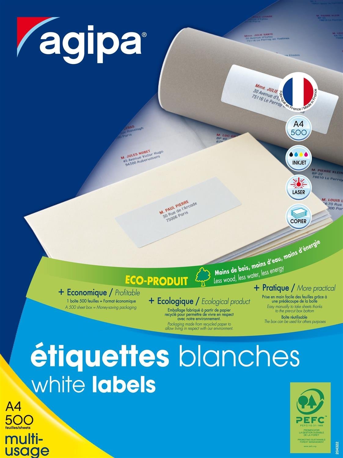 AGIPA Bte 500 F A4 32000 étiquettes Multi-usages Permanent 38x21,2 mm Blanc