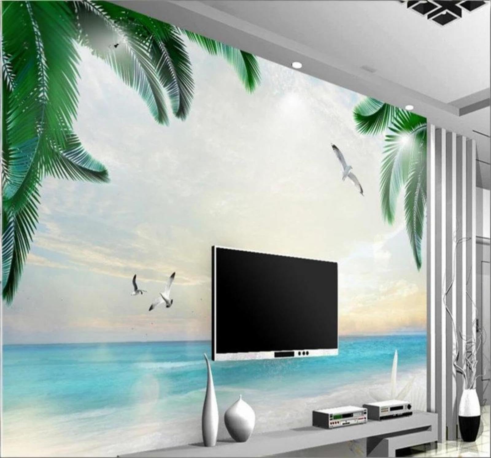 Romantic Beach Sea Green Leaves Scenery 3D Wallpaper Easy Install Feature Office Living Room Sofa Bedroom TV Background Wall Decoration-200cm×140cm