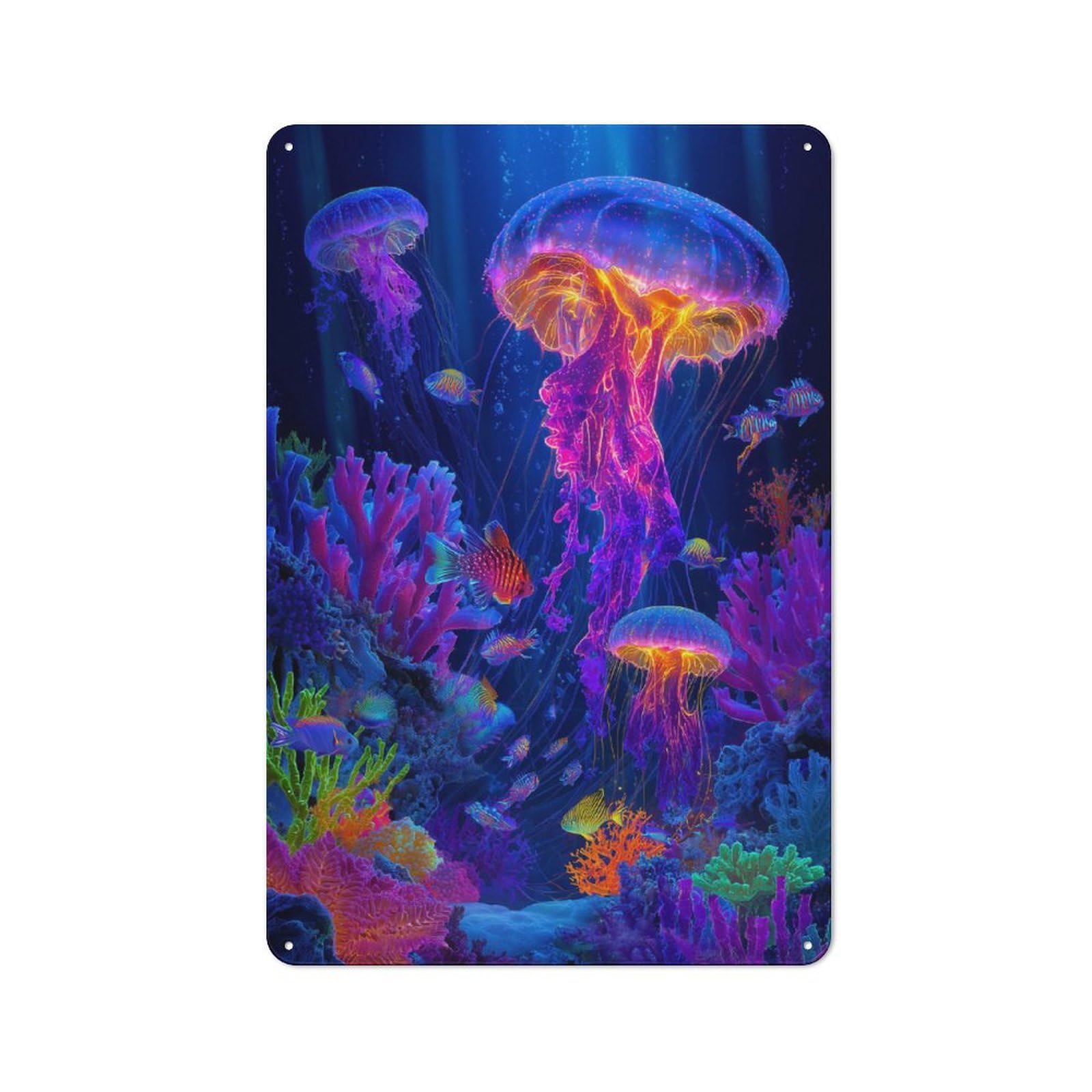 Vibrant Jellyfish And Coral Reef Scene Retro Metal Wall Decor 30x20cm, Decorative Tin Sign for Kitchen, Hallway, Bar Or Small Cafe
