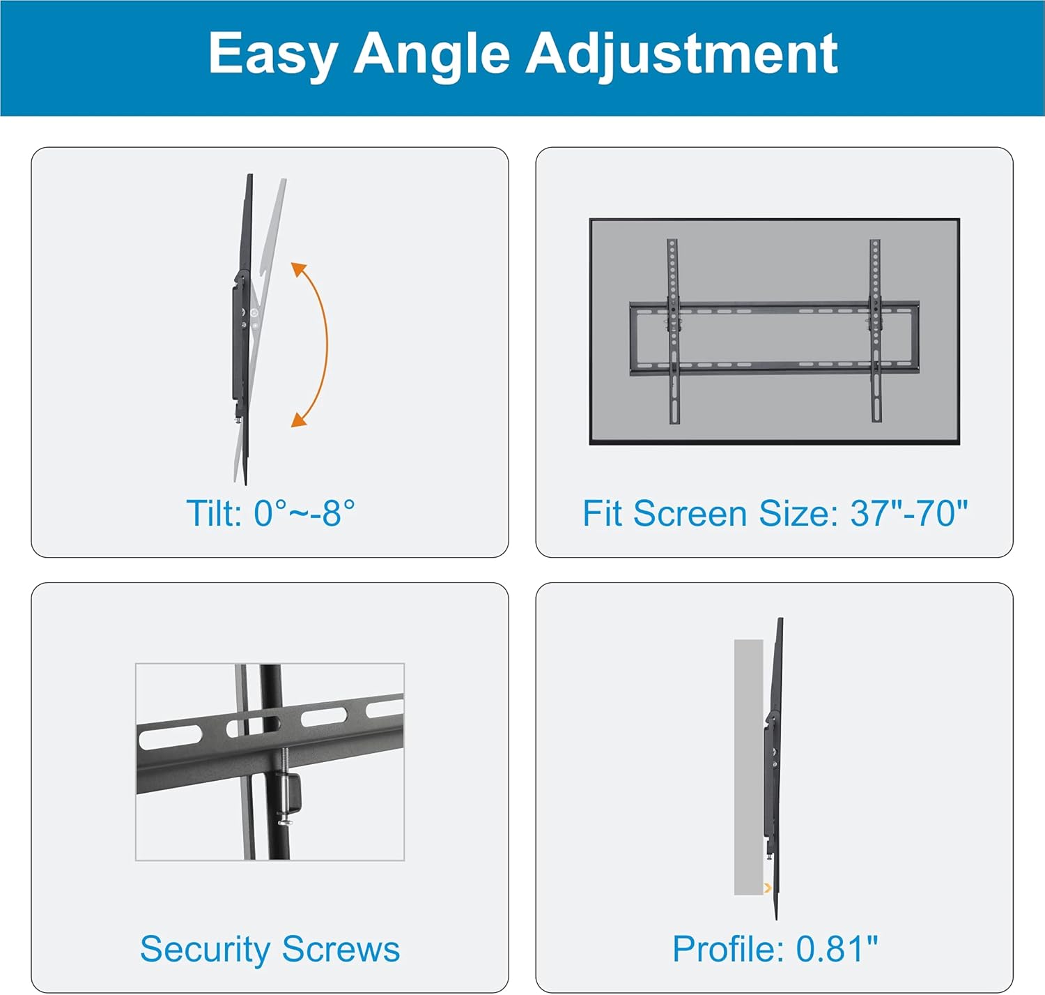 37-70" Tilt TV Mount Low Profile Universal Monitor Wall Mount TV Bracket for 37",40",42",48",50",55",65" and 70" Flat Curved OLED LCD LED 4K TV, Max 77lbs, VESA 600x400mm, for 16”,18”,24’ Studs