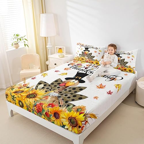 Miniatura 3 de Happy Thanksgiving - Sábana bajera ajustable para niños, tamaño individual, diseño de girasoles de pavo de dibujos animados, decoración de