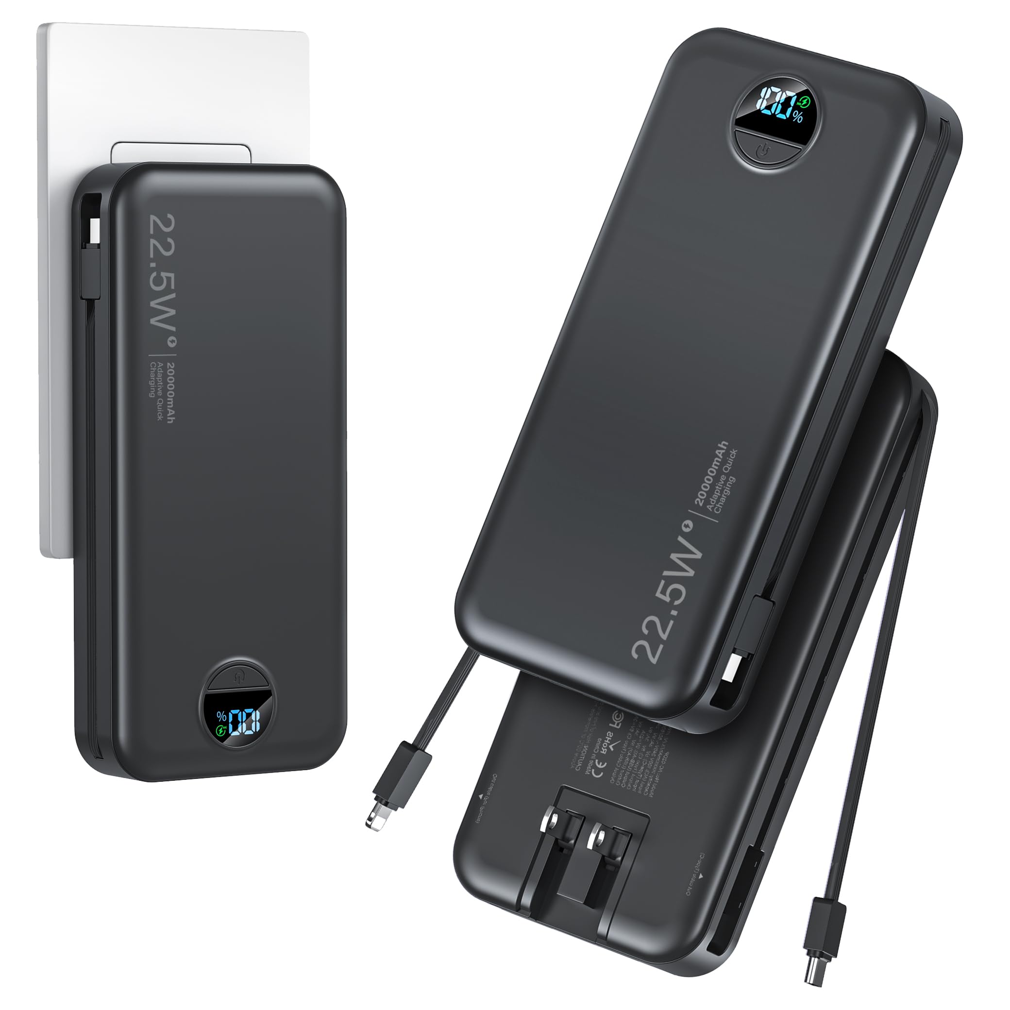 20000mAh Ultra-Portable-Charger-Power-Bank with Built in Cables&AC Wall Plug,PD20W USB-C Fast Charging Cell Phone Charger Battery Pack,LED Display Travel Battery Bank for All iPhone,Samsung,Android
