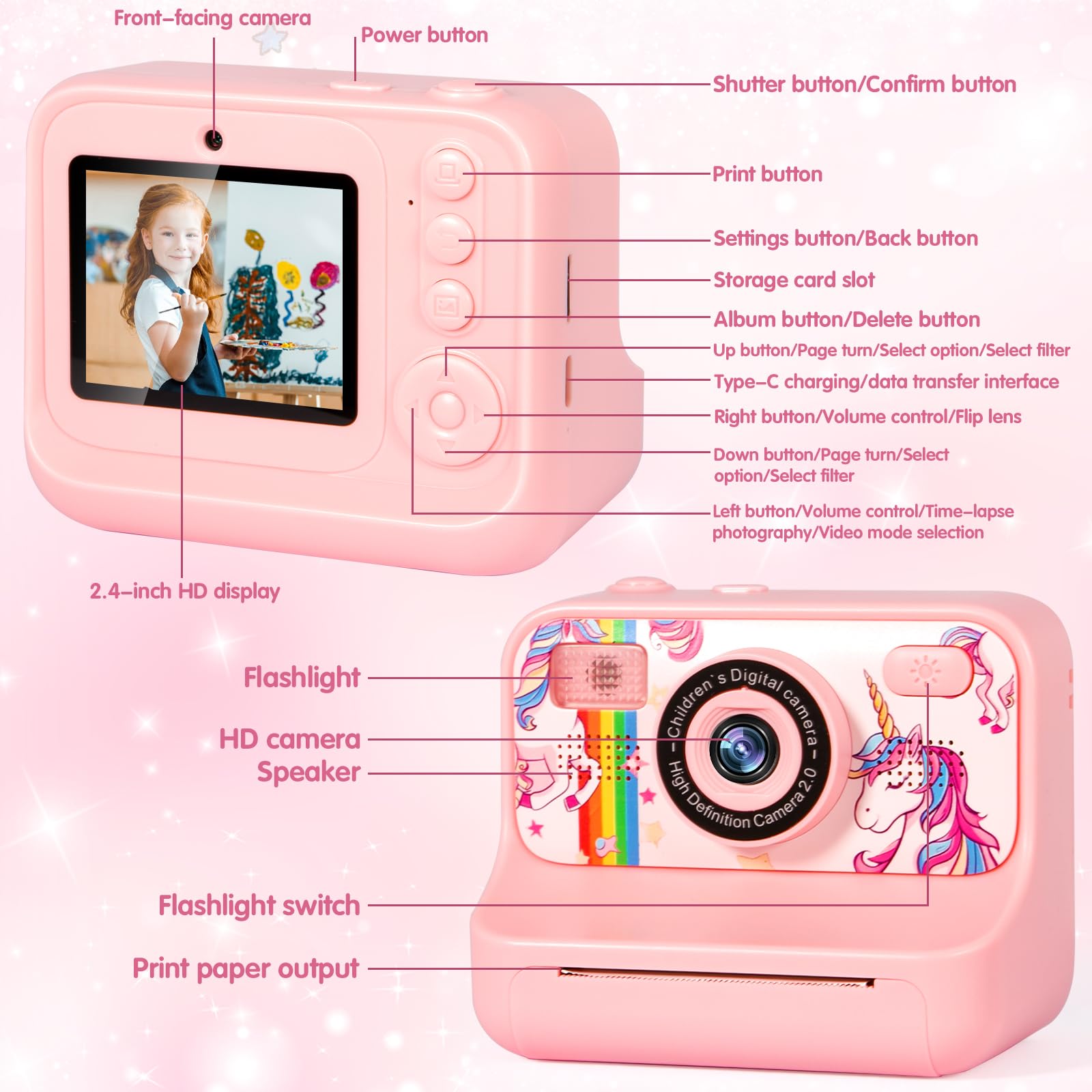 Macchina Fotografica Bambini Istantanea, 2.4" 1080P Fotocamera Bambini con 32 GB Schede e Carta da Stampa, Macchina Fotografica Bambino, 180 °Flip Len,Regali per Ragazzi Ragazze da 3-12 Anni
