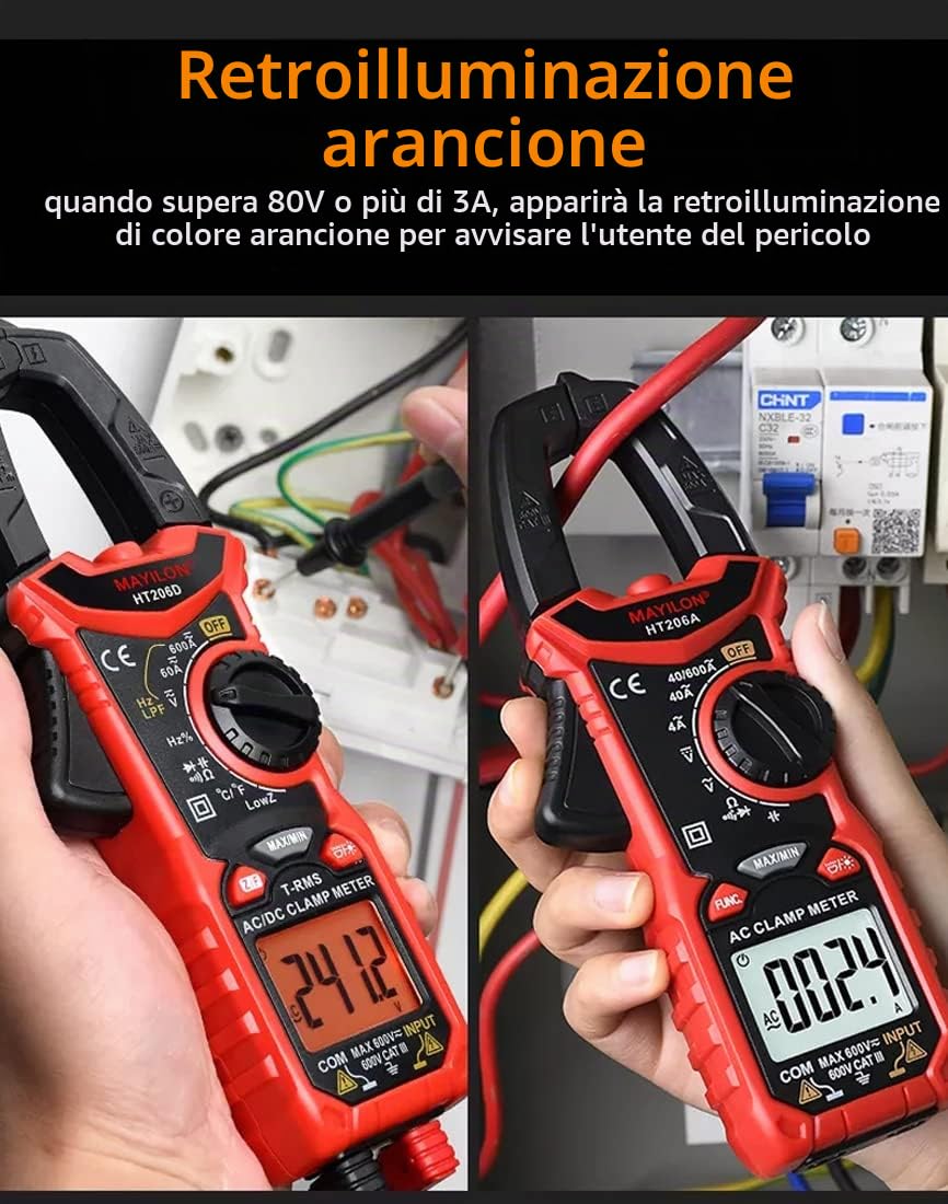 HT206D Multimetro Digitale, Pinza Amperometrica True RMS con Misura Temperatura e LowZ, NCV, LPF, AC/DC Tensione e Corrente, Frequenza, Resistenza, Capacità, Diodi, Continuità