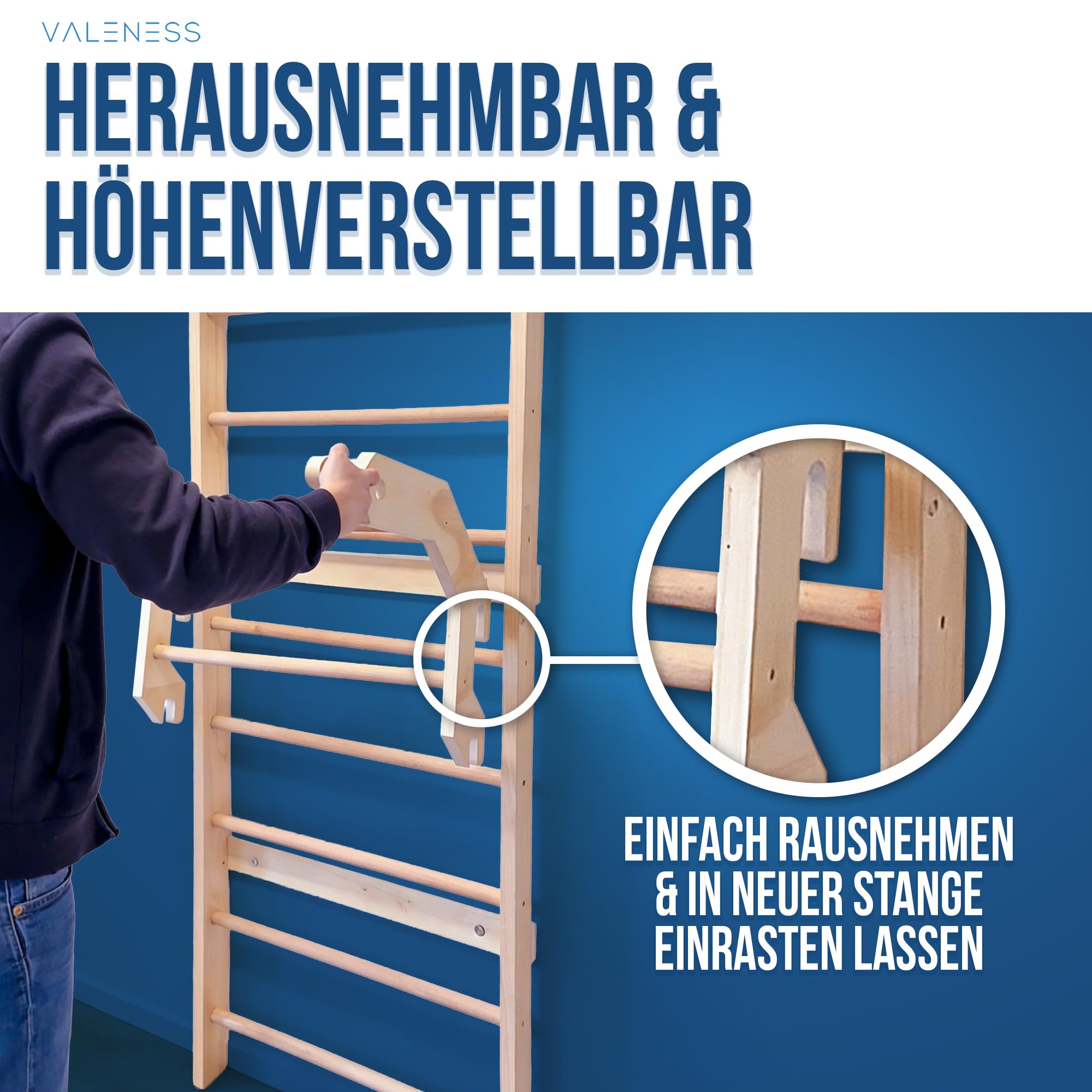 VALENESS® NEU Sprossenwand aus Holz mit Klimmzugstange, Dip-Station & 2 Turnringen – höhenverstellbar, für Erwachsene & Kinder – Kletterwand Indoor fürs Kinderzimmer & Home Gym, bis 150 kg