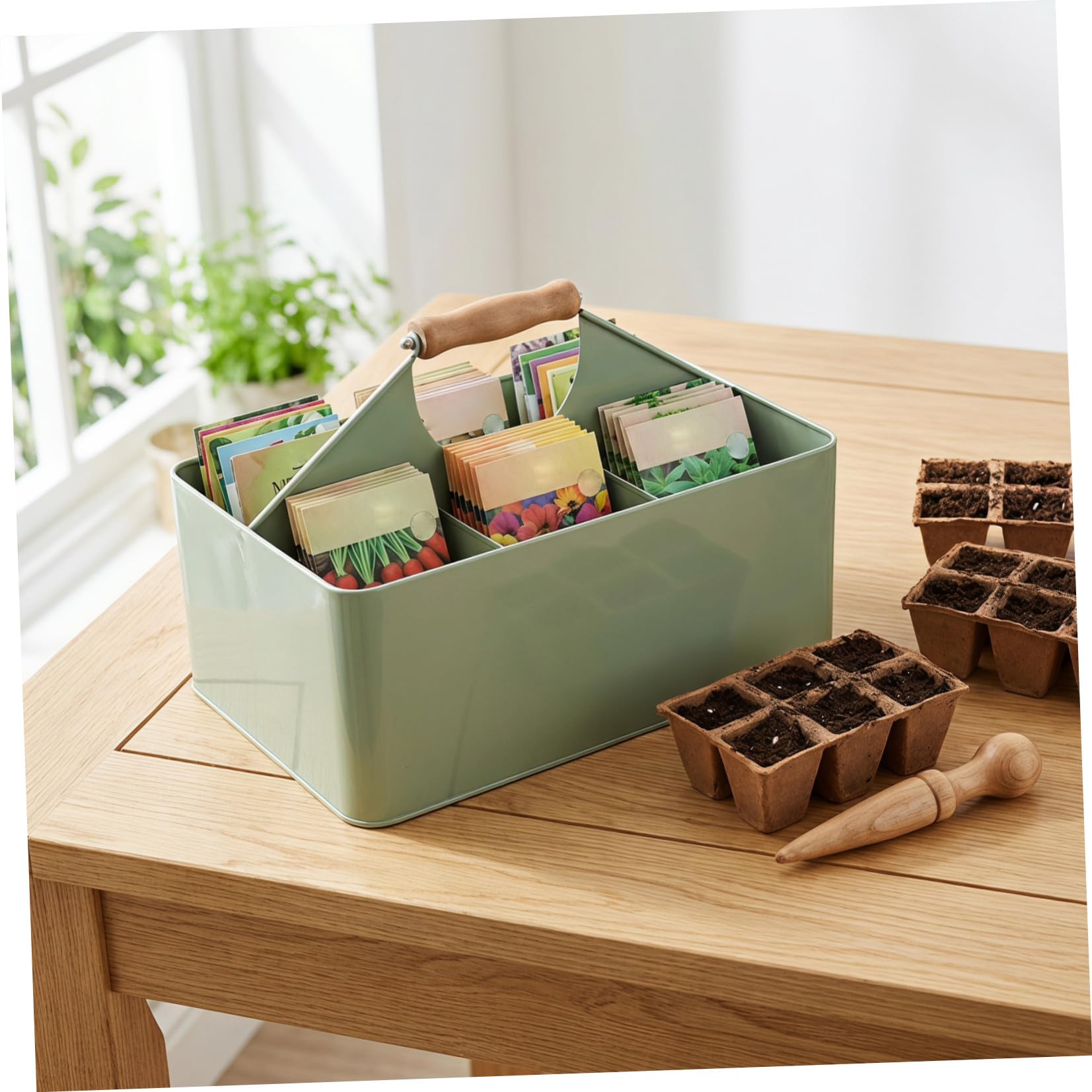 Metall Gartensamen Aufbewahrungsbox mit 4 Fächern und Griff aus Eisen und Bambus 29,5x22,6x20 Cm Grün für Fensterbänke und Pflanztische zur Sicheren und Effizienten Samenlagerung