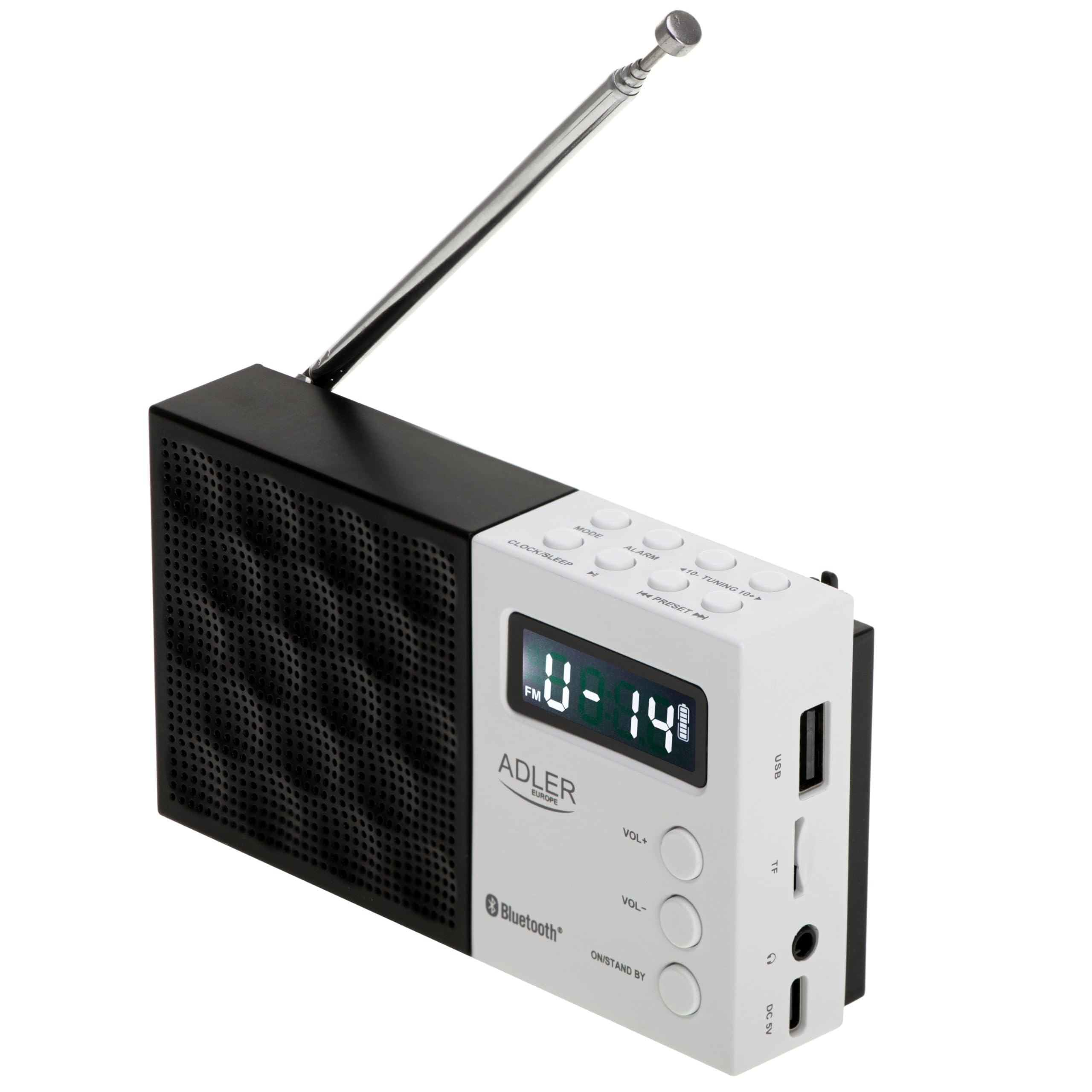 Adler Radio portatile digitale AD 1908, sintonizzazione PLL avanzata, FM con Bluetooth, schermo LCD, batteria rimovibile da 800 mAh, allarme, antenna telescopica, nero e bianco