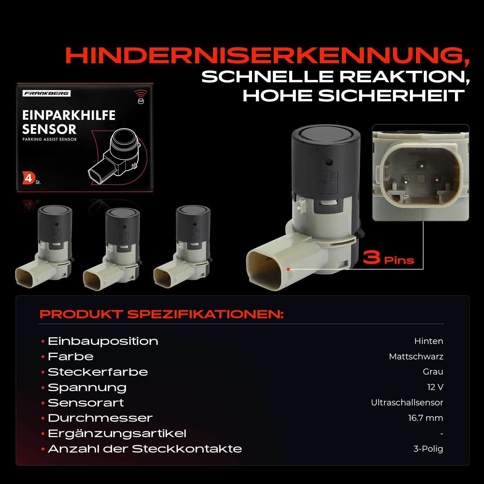 Frankberg 4x Parksensor PDC Sensor Hinten 3-Polig 9653849080