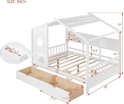 Miniatura 234 de Cama de casa de tamaño individual con 2 cajones, marco de cama de madera y barandilla de seguridad. Ahorra espacio, ideal para el dormitorio de un