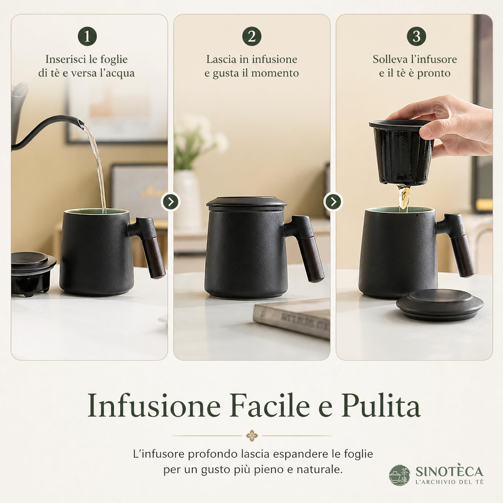 SINOTE'CA Tazza da Tè con Infusore e Coperchio 400ml, Set Regalo in Ceramica con Manico in Legno e Sottobicchiere, Tazza Tisana con Infusore Fine per Tè Sfuso, Confezione Regalo Elegante(Nero)