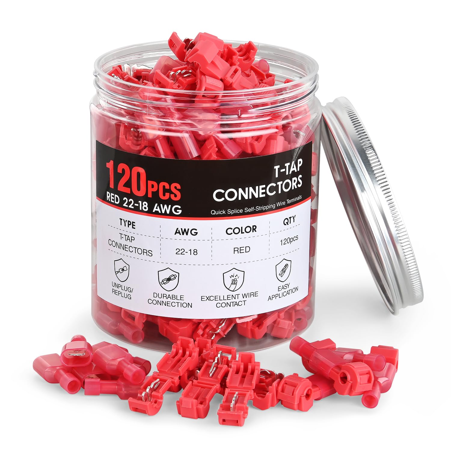 Nilight 120PCS/60 Pairs Quick Splice Disconnect Wire Terminals T-Tap Spade Wire Connectors Red 22-16 AWG Male Female Fully Insulated Electrical Wire Crimp Self-Stripping Kit, 2 Years Warranty