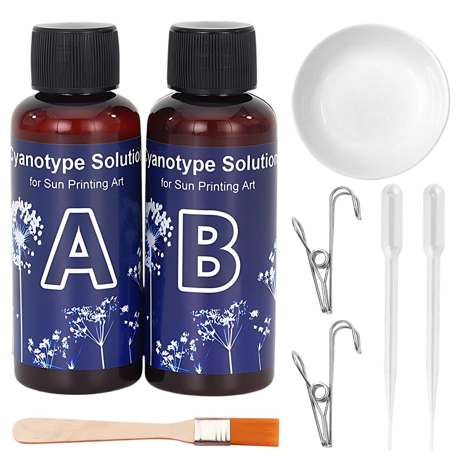 LINXINS 8 Pcs Cyanotype Kit, Include 2 Component Cyanotype Solution Sensitizer Straws Clips Brushes and Palettes for Photographic Blueprints on Paper and Fabric