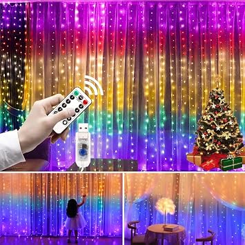 LED Lights Curtain Fairy Lights 8 Modes RGB Curtain Light Colour Fairy Light USB Multicolor 300 LED String Light USB Powered Lights LED String Light Bedroom Lamp 3Mx2M [Energy Class A+]