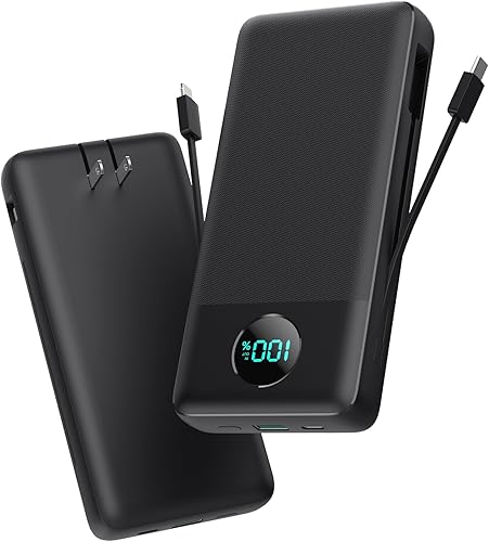 Cargador portátil de 33800 mAh USB C con cables integrados y enchufe de pared de CA, carga rápida de 25 W + cargador de teléfono QC 4.0, 4 salidas