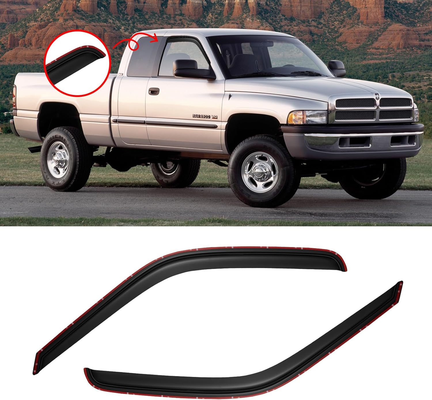 in-Channel Window Visor for 1994-2001 Dodge Ram 1500, 1994-2002 Dodge Ram 2500/3500 Pickup (Excludes Towing Mirror), Rain Guards Shields Vent Deflector Shade Wind Dark Smoke, 2PCS For 1994-2002 | Dodge Ram | Quad Cab | In-Channel