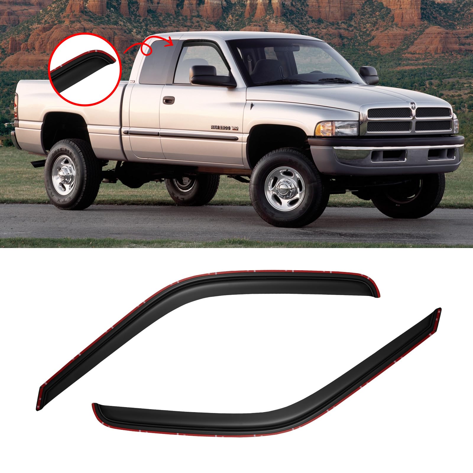 in-Channel Window Visor for 1994-2001 Dodge Ram 1500, 1994-2002 Dodge Ram 2500/3500 Pickup (Excludes Towing Mirror), Rain Guards Shields Vent Deflector Shade Wind Dark Smoke, 2PCS