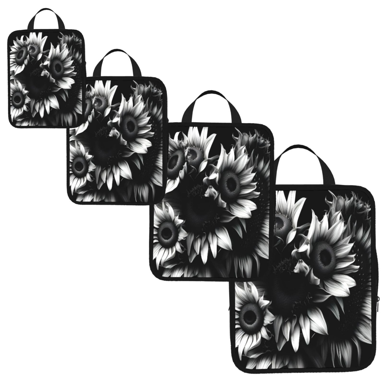 black and white sunflowers Print 4 Set Compression Packing Cubes for Suitcases,Expandable Storage Bags Organizers