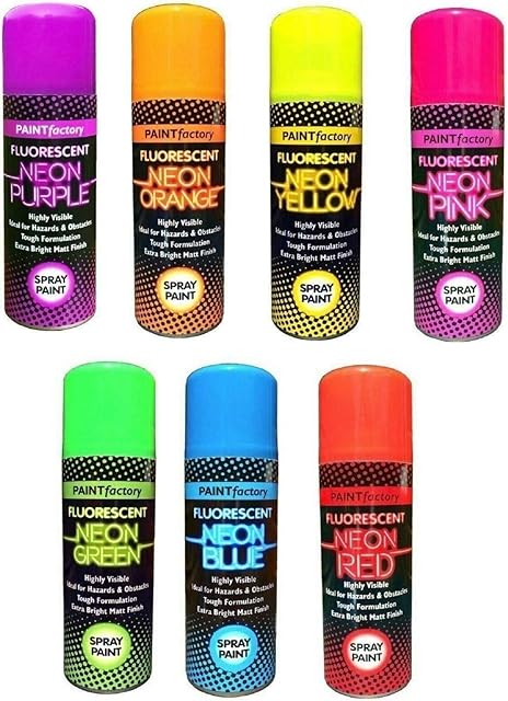 Fluorescent Bright Neon Spray Paint Aerosol DIY Matt Hi Vis Safety 200ML Graffiti Extra Bright Paint Blue Green Orange Pink Purple Red Yellow Assorted Colours (6)