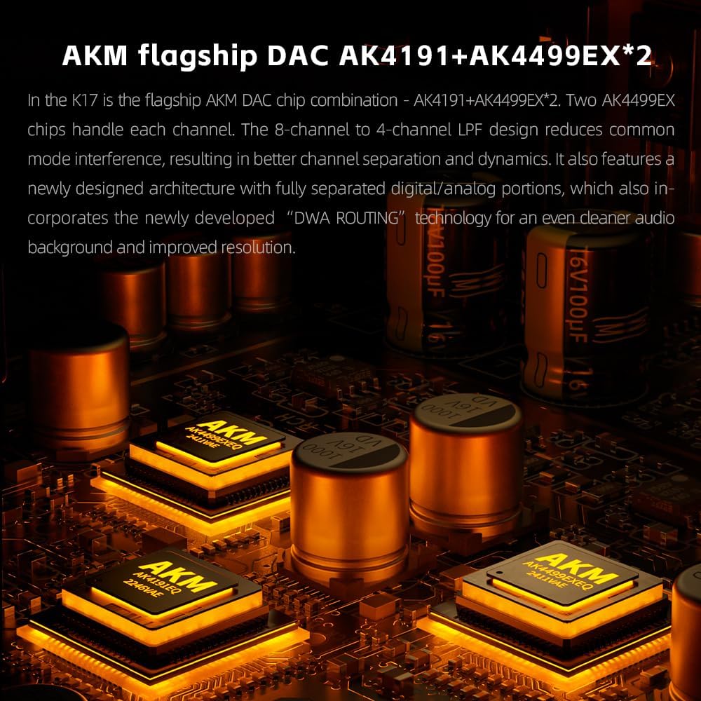Close-up of AKM flagship DAC chips inside FiiO K17
