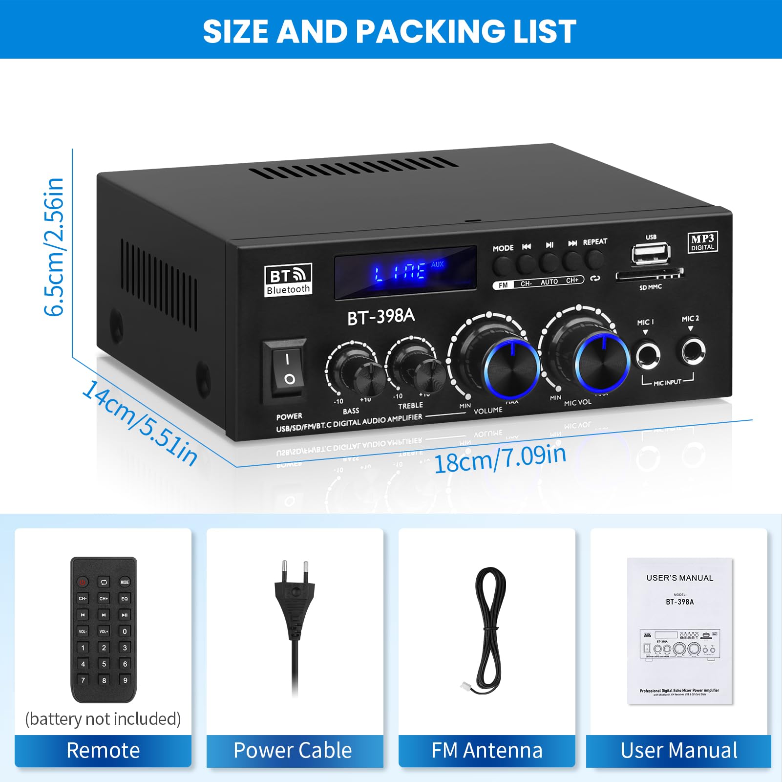 BT-398A Amplificateur Audio, Amplificateur Bluetooth 5.0 2.0 canaux 60Wx2 Mini Amplificateur haut-parleurs Amplificateurs de son numériques avec radio FM USB SD Card pour système audio home cinéma