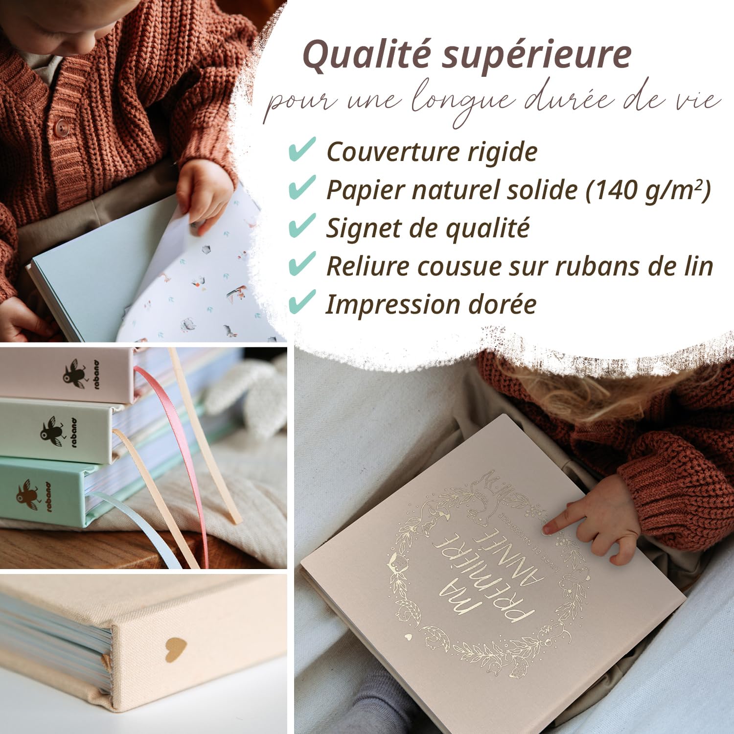 Livre de naissance I Ma première année + set d’autocollants I Album photo bébé PREMIUM avec lettrage or I 176 pages I Cadeau de naissance pour fille et garçon I Cadeau spécial bébé (Lin)