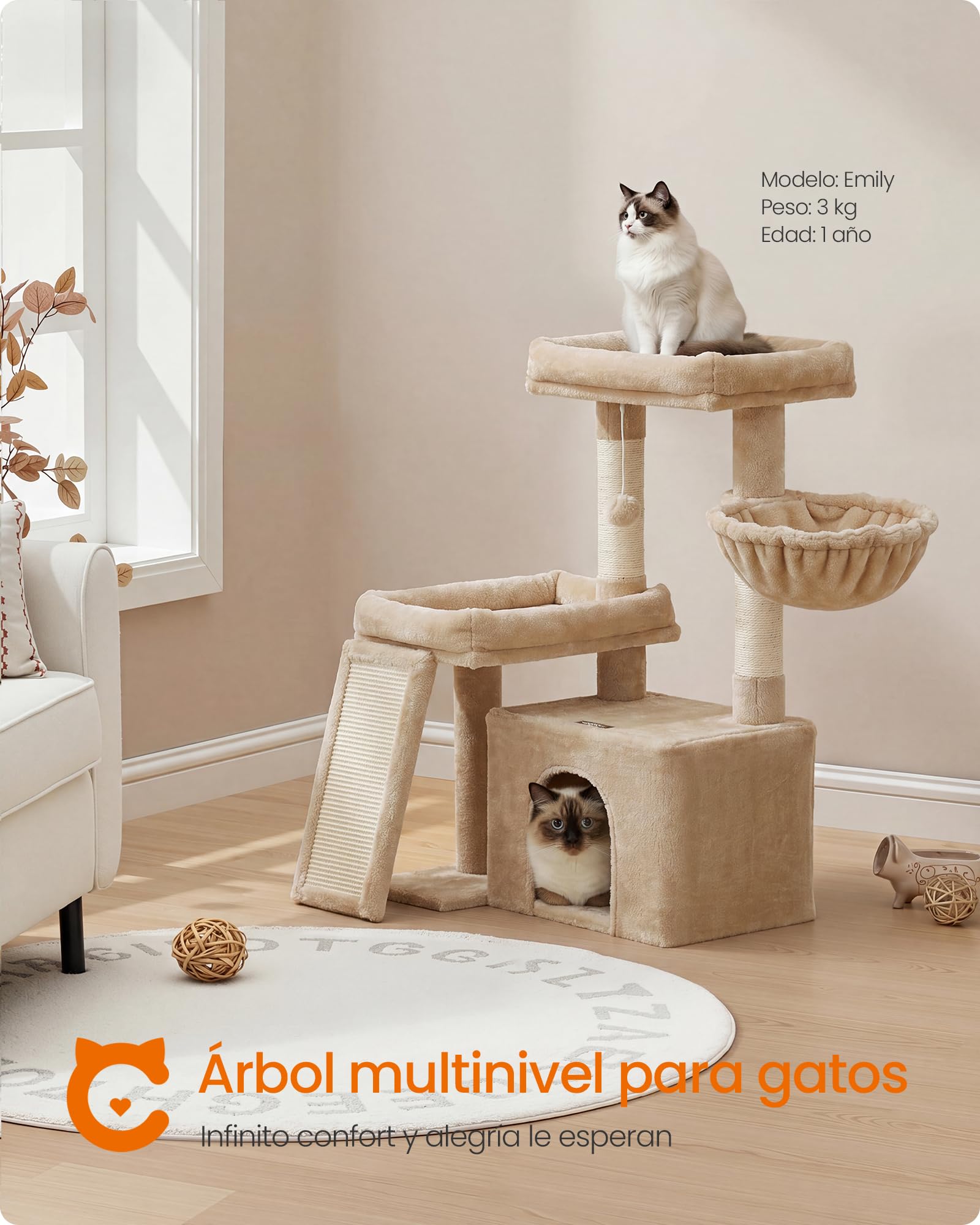 Feandrea Árbol para Gatos, Torre de Juegos con 2 Camas Grandes