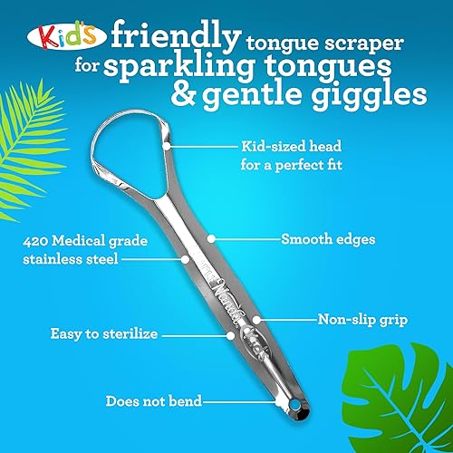 Miniatura 2 de GuruNanda Raspador de lengua para niños (paquete de 2) con estuche de viaje, acero inoxidable, ayuda al aliento fresco, limpiador de lengua apto