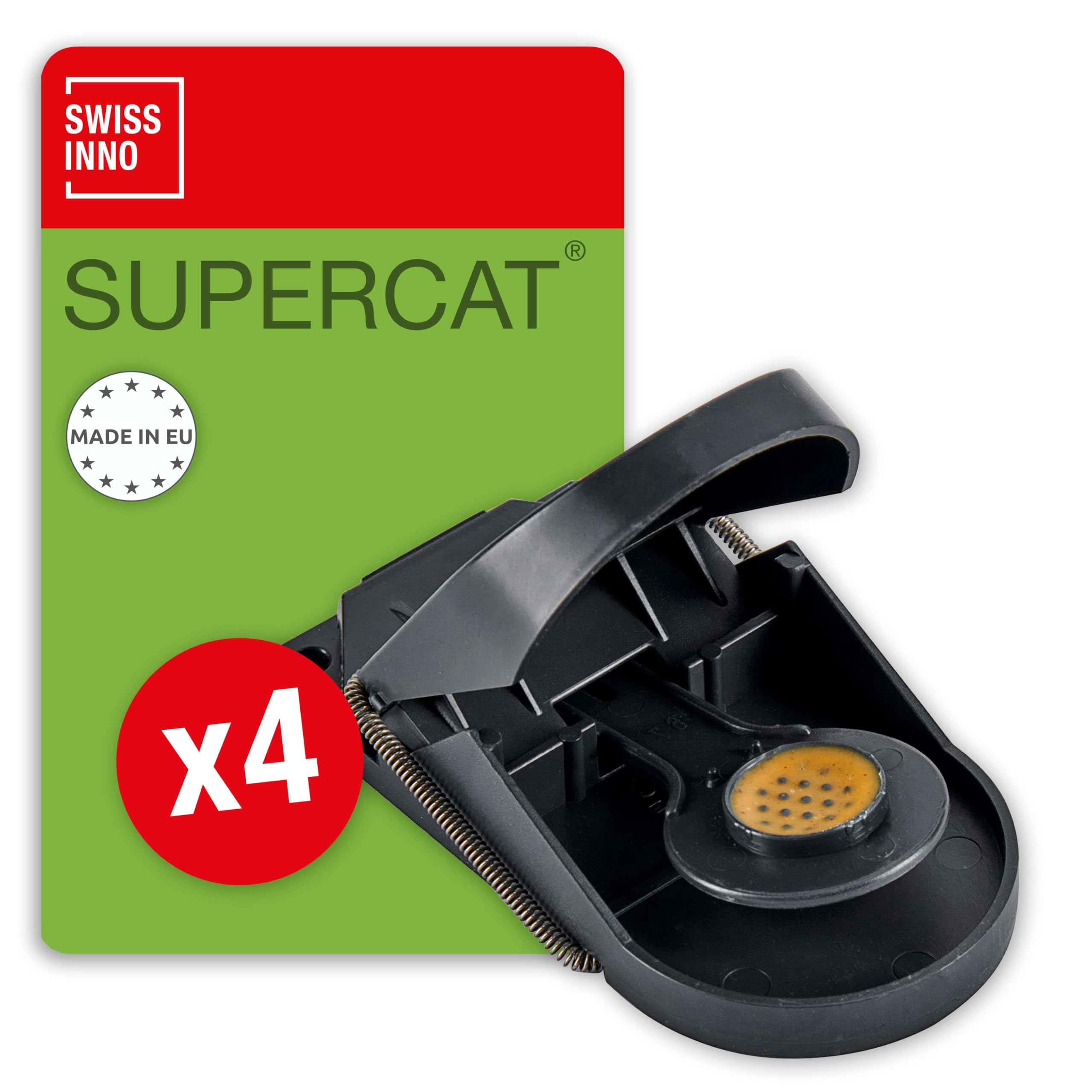 SWISSINNO Pułapka na myszy SuperCat - Skuteczna pułapka wielokrotnego użytku z przynętą masło orzechowe - Szybki chwyt - Wewnątrz i na zewnątrz - 4 sztuki